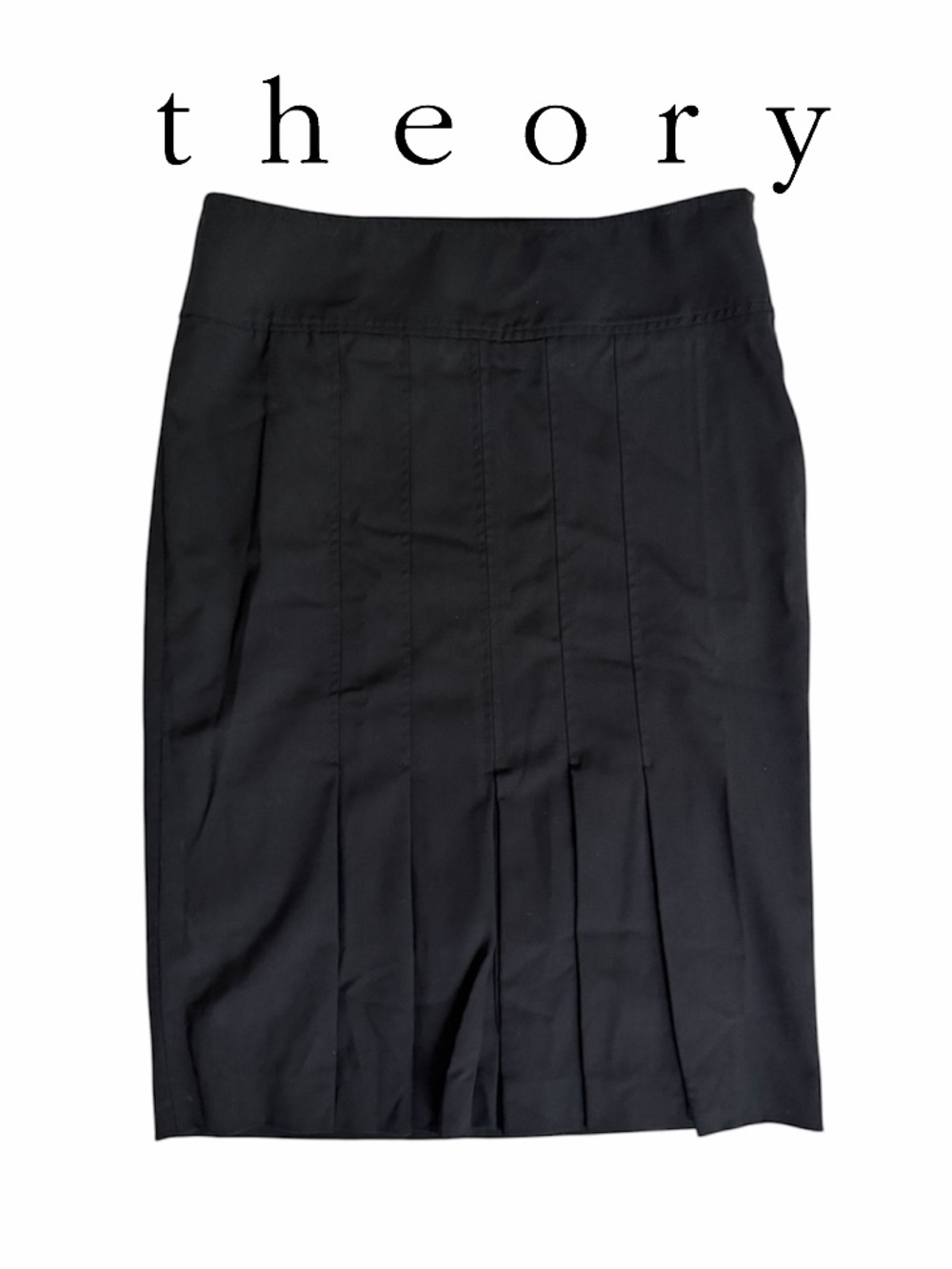 Theory 95% wool Black Pleated Pencil Skirt high rise w Slit 4 hidden zipper